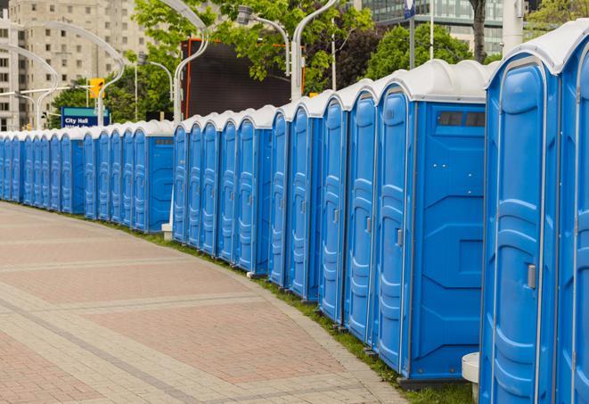 a row of portable restrooms at a trade show, catering to visitors with a professional and comfortable experience in Fort Lauderdale